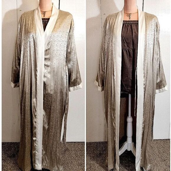 Victoria's Secret 1999 Gold Ivory Satin Textured Long Kimono Robe M/ L - Picture 9 of 16